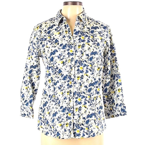 Eddie Bauer Floral Button Down 3/4 Sleeve Shirt White Blue & Yellow Size Large - Picture 1 of 7